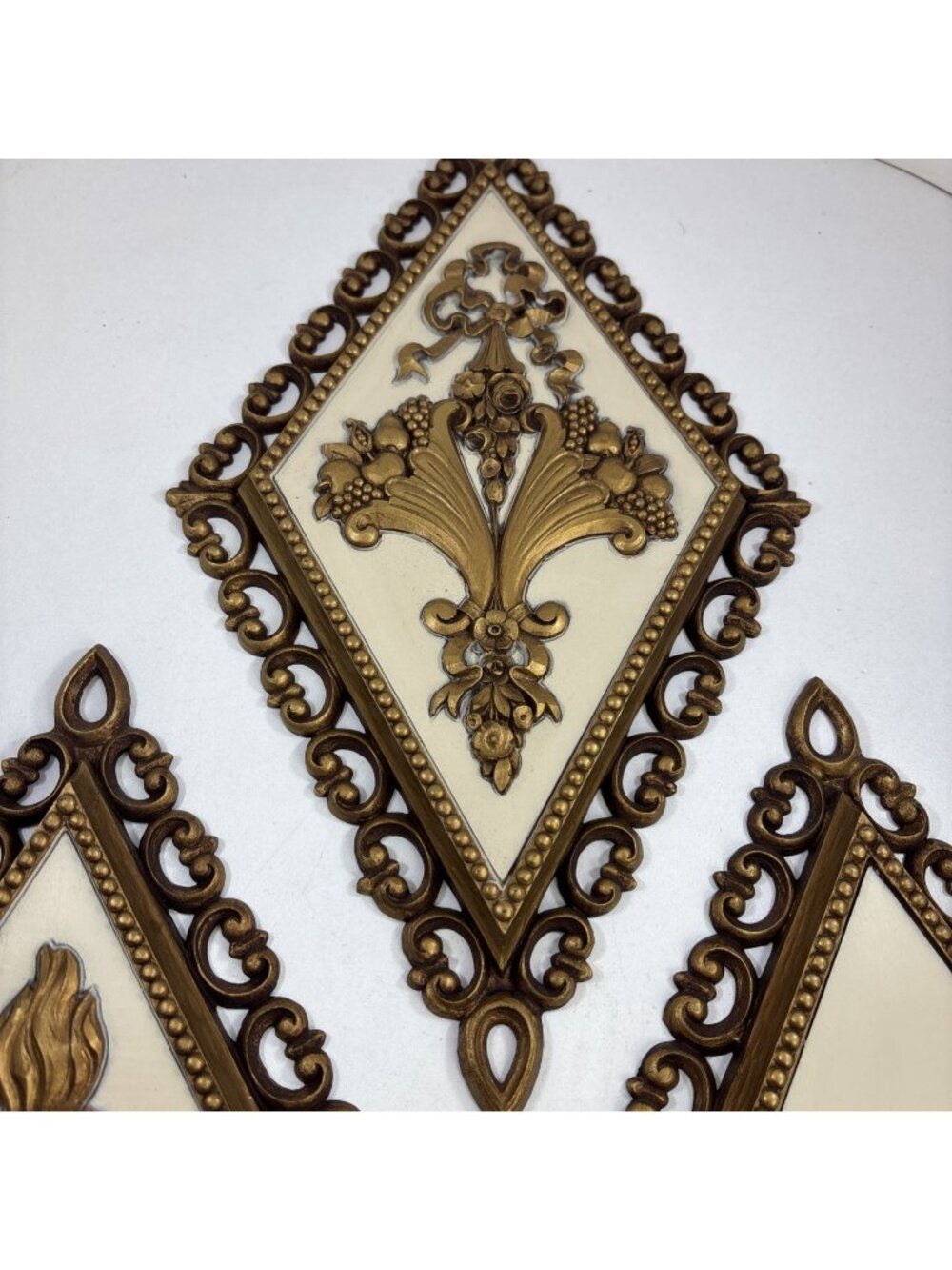 1971 Homco Vtg Hollywood Regency Set Of 4 Diamond Shape Gold Wall Decor